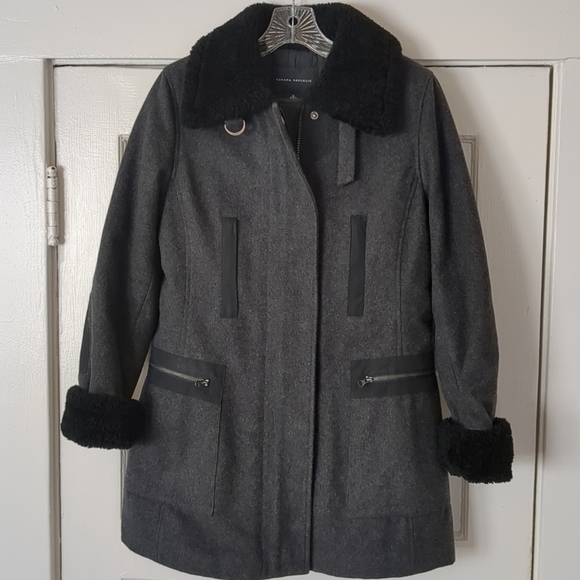 Vtg Banana Republic Wool Coat‎ Italian Shearling Collar Insulated Sm Gray Black - Picture 1 of 16